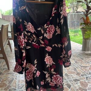 cupcakes & cashmere Black Floral V-Neck Long-Sleeve Dress with Pink Blooms